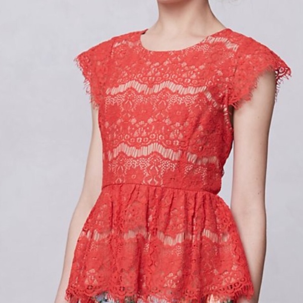 Anthropologie Maeve Red Lace/Nude Peplum Top XS